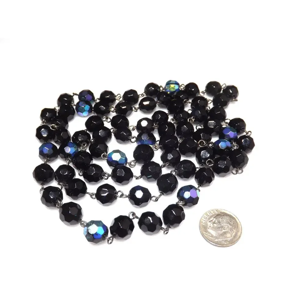 Long Black Crystal Beaded Necklace, Aurora Borealis, No Clasp, 1970s Vintage
